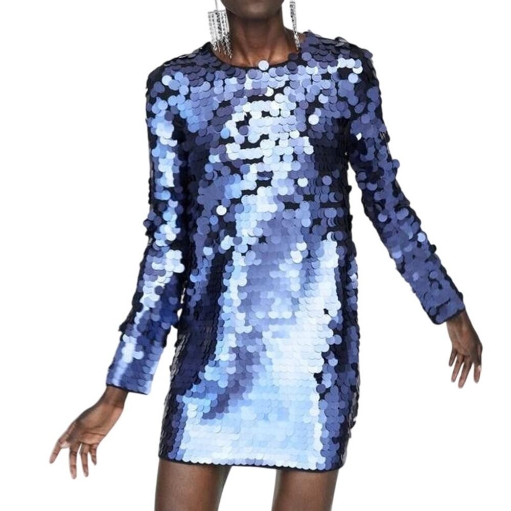 Zara Knit Women’s Paillette Sequined Shift Dress Long Sleeve Blue Small